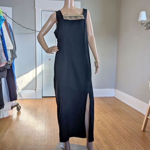 Vintage 90s Plus Size 16 Little Black Dress Midi Wiggle Slit Gold Embroidery - Picture 4 of 9